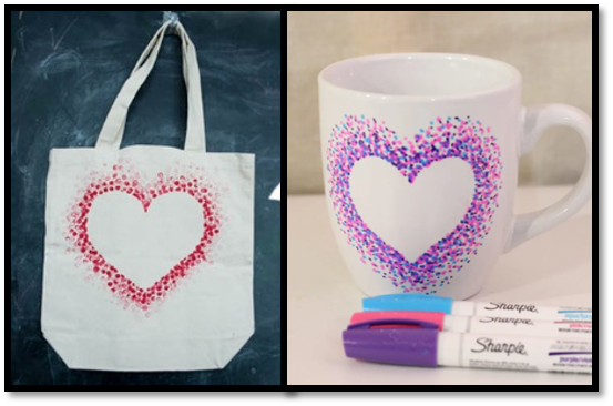Bag and mug with sharpie drawn hearts